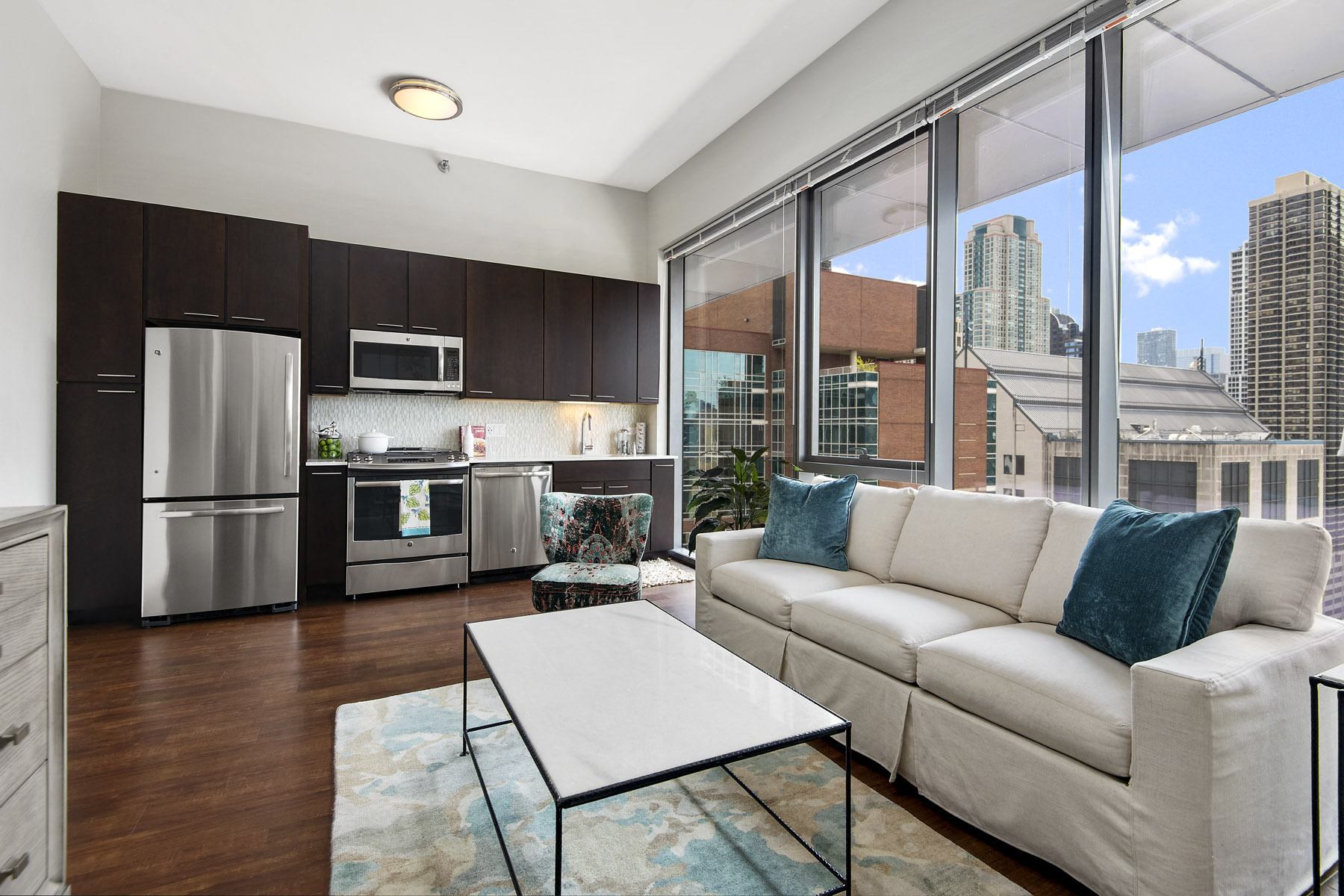 a living room with a couch and a table